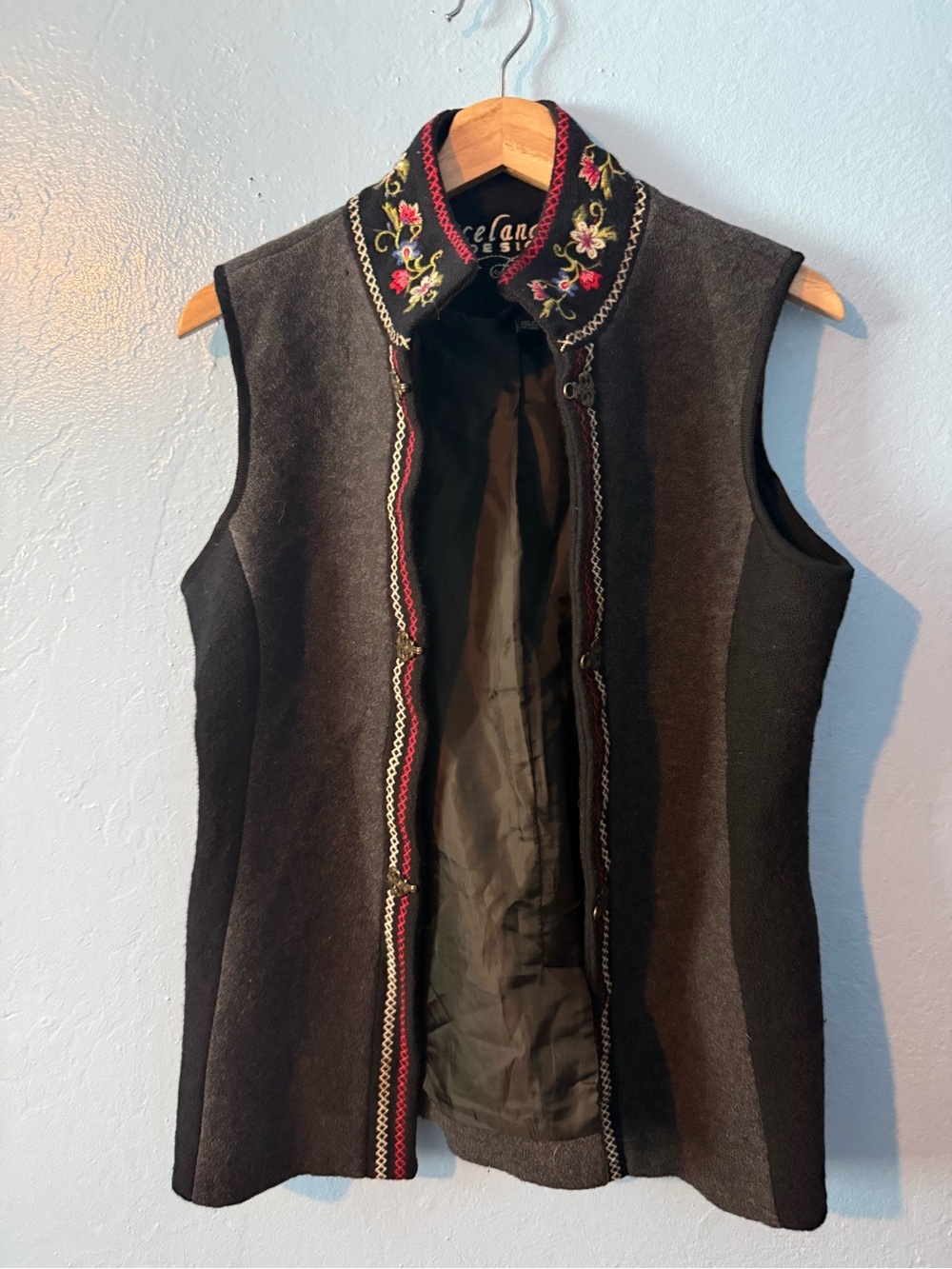 Icelandic Designs Hand-Embroidered Wool Blend Vest - Black & Charcoal